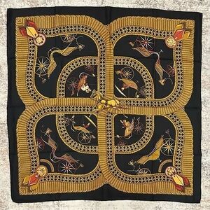 Hermes Black Voitures Paniers by J Abadie Silk Scarf France black gold red 35x35